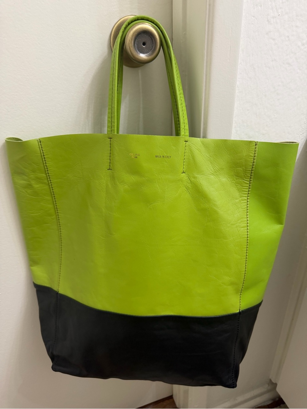 CELINE Bicolor Horizontal Cabas Tote Lime Green & Black Leather Phoebe Philo Era